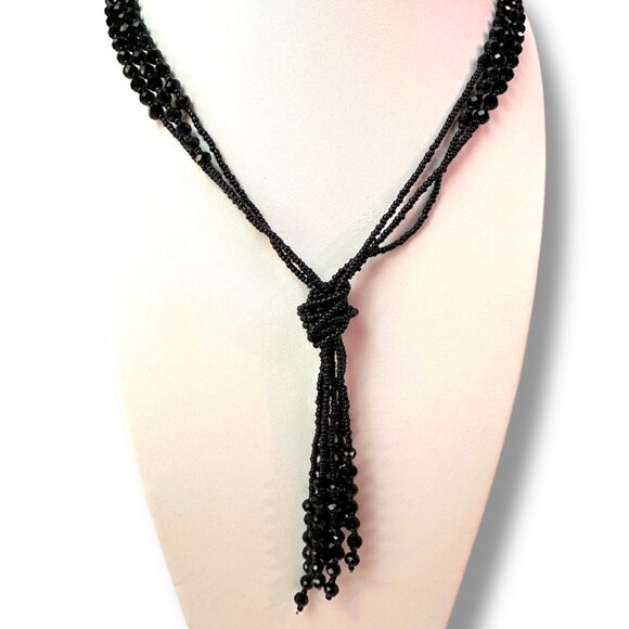 Vintage Handcrafted Jet Black Glass Bead Statement Necklace, Faceted, Seed Beads - Picture 1 of 9
